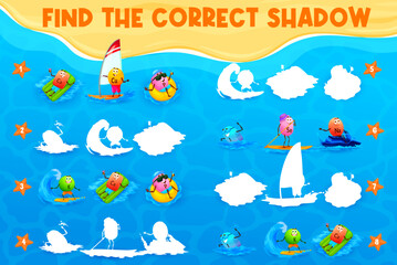 Sticker - Find the correct shadow of cartoon vitamin and mineral characters on beach vacation. Kids game puzzle vector worksheet with cute vitamin and mineral pills swimming, riding surfboard, sailboat, jet ski