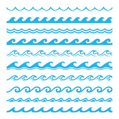 Canvas Print - Sea and ocean wave water frames borders and dividers. Clean aqua, river stream wavy separator, blue ocean flow curly marine vector divider. Curly water wave wavy nautical borders