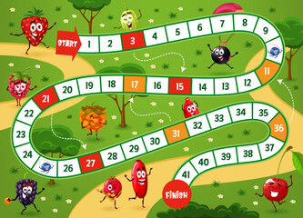 Poster - Board game, cartoon funny berry characters on vacation. Vector kids boardgame with strawberry, cranberry, raspberry and gooseberry, rosehip, currant, blackberry or barberry with cloudberry