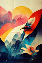 Beautiful Summer Poster Full Of Colour And Abstract Shapes, Bird's Face, And Feathers, Detailed, Cohesive, Harmonious Illustration