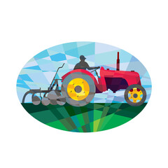 Wall Mural - Farmer Driving Vintage Farm Tractor Oval Low Polygon