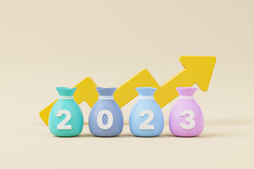 Wall Mural - Money bag with year 2023 and arrow growth on background. Save money and investment concept. 3d render illustration