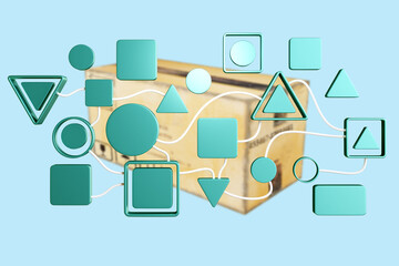 Poster - Digital background. Internet technologies. Digital lines in front of cardboard box. Concept of digital goods on Internet. Purchasing online goods. Online Retail. IT goods. 3d rendering.