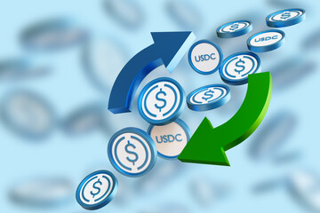 Aufkleber - usdc exchange. usd coins with exchange arrows. buying usdc with fiat dollar. usdc trading. stable di
