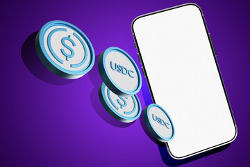 Poster - USDC mobile wallet. Mocap phone. USDC coins in front smartphone. Phone blank screen. USD Coin on purple. Concept application for storing USDC cryptocurrency. Smart phone for website demo. 3d image