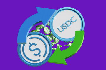 Aufkleber - usdc to usd. exchange fiat currencies for stablecoin. usdc coin on purple. investments in cryptocurr
