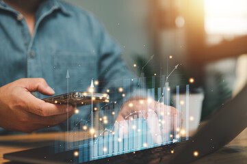 Poster - business finance technology and investment concept. Stock Market Investments Funds and Digital Assets. businessman analyzing forex trading graph financial data. Business finance background...