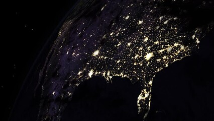Wall Mural - USA from Space with East Coast Bright Night City Lights and Dawn Breaking on West Coast on Horizon Atmosphere and Stars Background 4K