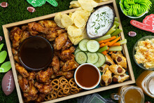 Close Up Of Healthy Football Game Day Tail Gate Party Tray Filled With Snacks And Finger Foods For Friends And Family Fun.