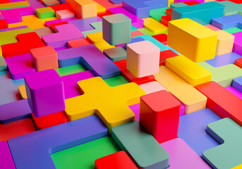 Poster - Childrens designer. Multicolored blocks. Geometric colorful background multicolored constructor. Concept of logical childrens games. Background of bricks of various shapes. Mosaic texture. 3d image.