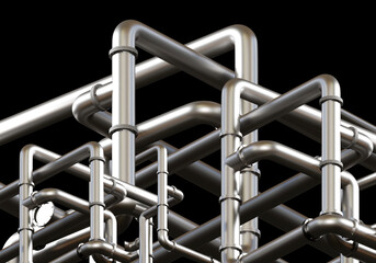 Poster - steel pipeline. pipes for boiler room. tangled metal pipes. pipeline isolated on black. water pipe m