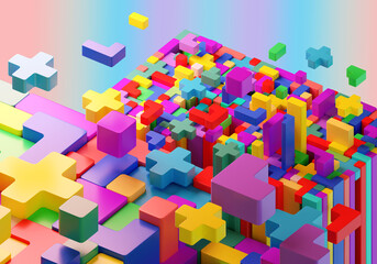 Poster - Multicolored constructor. Constructor blocks fall down. Elements logic puzzle. Volumetric elements puzzle. Logic video game concept. Geometric blocks of different colors. Childrens puzzle. 3d image