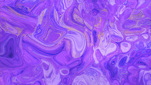 Flowing Abstract Marbling Background In Beautiful Violet And Purple Colors. Paint Texture With Gold Glitter.