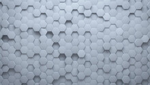 White, 3D Mosaic Tiles Arranged In The Shape Of A Wall. Hexagonal, Semigloss, Bricks Stacked To Create A Futuristic Block Background. 3D Render