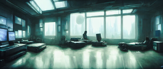 Artistic concept painting of a beautiful home cyberpunk interior, background illustration.