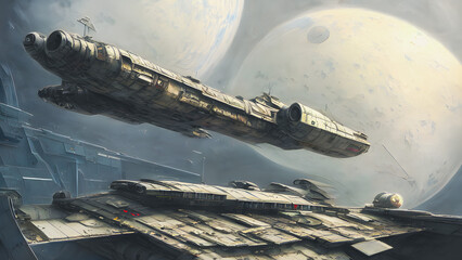 artistic concept painting of a beautiful sci-fi landscape, with a spaceship docked to spacestation. 