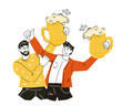 Friends drinking beer at beer festival, Oktoberfest, hand drawn doodle vector isolated.