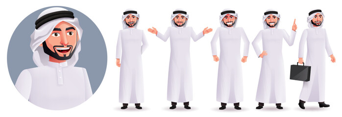 Poster - Arab business man vector character set. Arabian male characters with standing pose and friendly gestures for emirates people collection design. Vector illustration.
