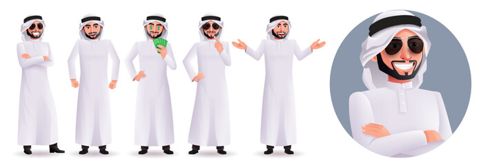 Poster - Arab man vector character set design. Rich arabian male characters with wealthy gestures and elements like money for emirati boss collection design. Vector illustration.
