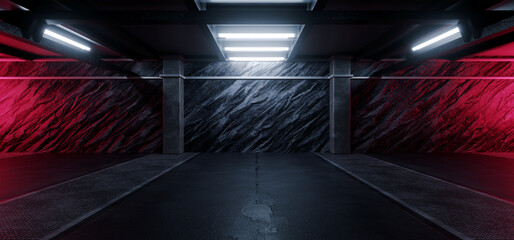 Underground Fallout Shelter Bunker Hangar Car Garage Showroom Studio Asphalt Mountain Rock Wall Dark Tunnel Corridor Sci Fi Futuristic Spaceship 3d Rendering