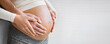 © Maridav - Pregnant woman holding belly with man. Happy expecting family pregnancy banner background. Couple in love.