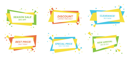 Wall Mural - Flat geometric sale banner in trendy concept. Bright colors shop clearance label with confetti blast in pop art ribbon shape. Vector illustration with sale tags for special deal flyer.