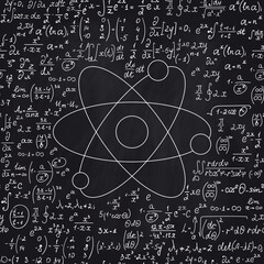 Math vector seamless background with handwriten atom structure, and other calculations handwritten  with chalk on blackboard