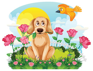 Wall Mural - Golden retriever dog in flower field