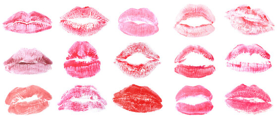 Wall Mural - Many prints of color lips on white background