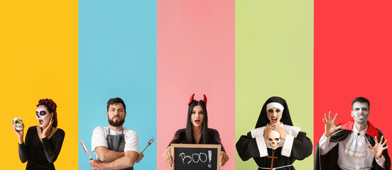  Collage with people in Halloween costumes on colorful background