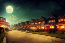 Halloween Full Moon In Suburban Neighborhood
