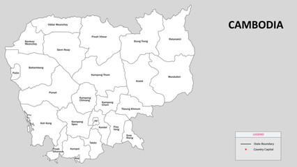  Cambodia Map. State and district map of Cambodia. Administrative map of Cambodia with district and capital in white color.