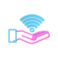 Sticker - Free wifi zone neon sign in hands icon. Free wifi here sign concept. Vector illustration.