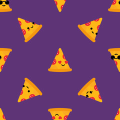 Wall Mural - Cute cartoon style pizza slice characters vector seamless pattern background for fast food design.
