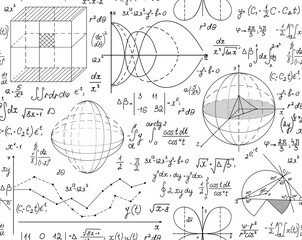 Wall Mural - Mathematical vector seamless pattern with handwritten scientific formulas, figures, plots on white paper