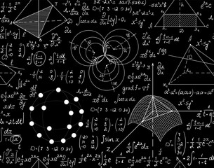 Wall Mural - Mathematical handwritten vector seamless backround with physics and math formulas, plots, figures