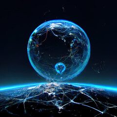 Poster - Abstract Tech Earth Globalization in 3d Motion Graphic. Concept Transmit Ai Networking on Fiber Optic. High quality 3d illustration