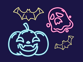 Canvas Print - neon halloween ghost and bats