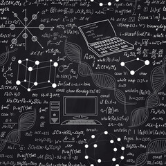 Wall Mural - Scientific vector seamless background with biology and informatics handwritten formulas, computers, dna strands, chalk writings on blackboard