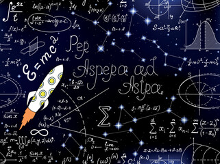 Wall Mural - Scientific vector seamless pattern with math formulas, rockets and plots on the starry space background with handwritten words 