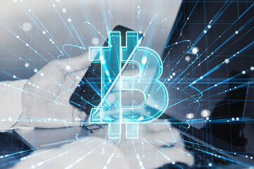 Aufkleber - businessman hands using laptop keyboard and smartphone with glowing digital bitcoin hologram and lines on blurry background. Cryptocurrency, online banking, app and finance concept. Double exposure.