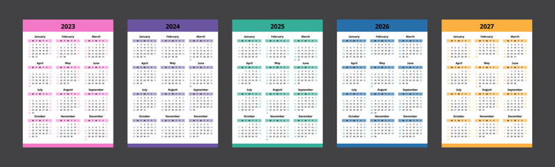 Wall Mural - Calendar 2023, 2024, 2025, 2026, 2027. Colorful calendar template design. Week start on Sunday.