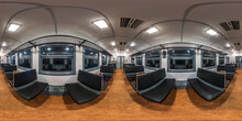 Full Seamless Hdri Panorama 360 Degrees Angle View In Interior Of Empty Budget Passenger Railway Carriage At Night In Equirectangular Projection