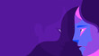 Fond d'écran violet pour page accueil de site web internet, illustration d'un visage de profil fixant son reflet, émotion psychologie soin communication, regard vers soi-même, féminin