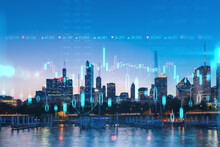 Downtown City View Of Chicago, Skyline Panorama Over Lake Michigan, Harbor Area, Sunset, Illinois, USA. Forex Graph Hologram. The Concept Of Internet Trading, Brokerage And Fundamental Analysis