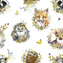 Little Forest Animals Seamless Pattern. Watercolor Wild Nature Illustration. Animal Print. Racoon. Fox. Owl. Deer. Hadgehog.