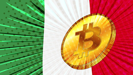 Wall Mural - Gold coin of Bitcoin BTC and colored flag of Italy on background. Central Bank of Italy adopts laws on mining and digital assets.