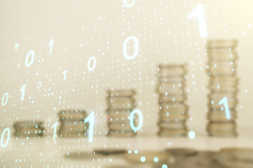 Aufkleber - Abstract virtual binary code sketch on growing coins stacks background, hacking and matrix concept. Multiexposure