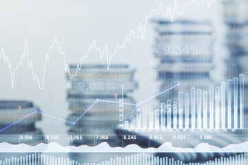 Poster - Multi exposure of virtual creative financial chart hologram on growing stacks of coins background, research and analytics concept