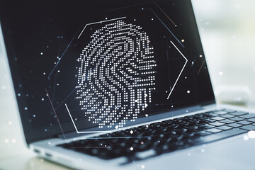 Aufkleber - Multi exposure of abstract creative fingerprint illustration on modern laptop background, digital access concept